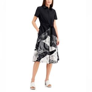 Alfani black white pattern neo glow shirt dress with tie size L